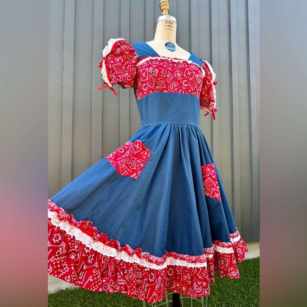 Handmade Vintage Americana Blue and Red Paisley Square Dance Dress - Picture 2 of 8